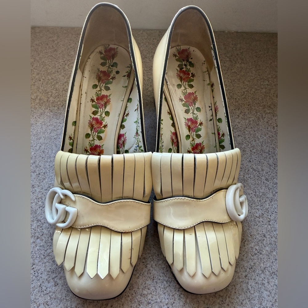 Gucci Cream Leather Double G Fringes Mid Heel Pumps 36